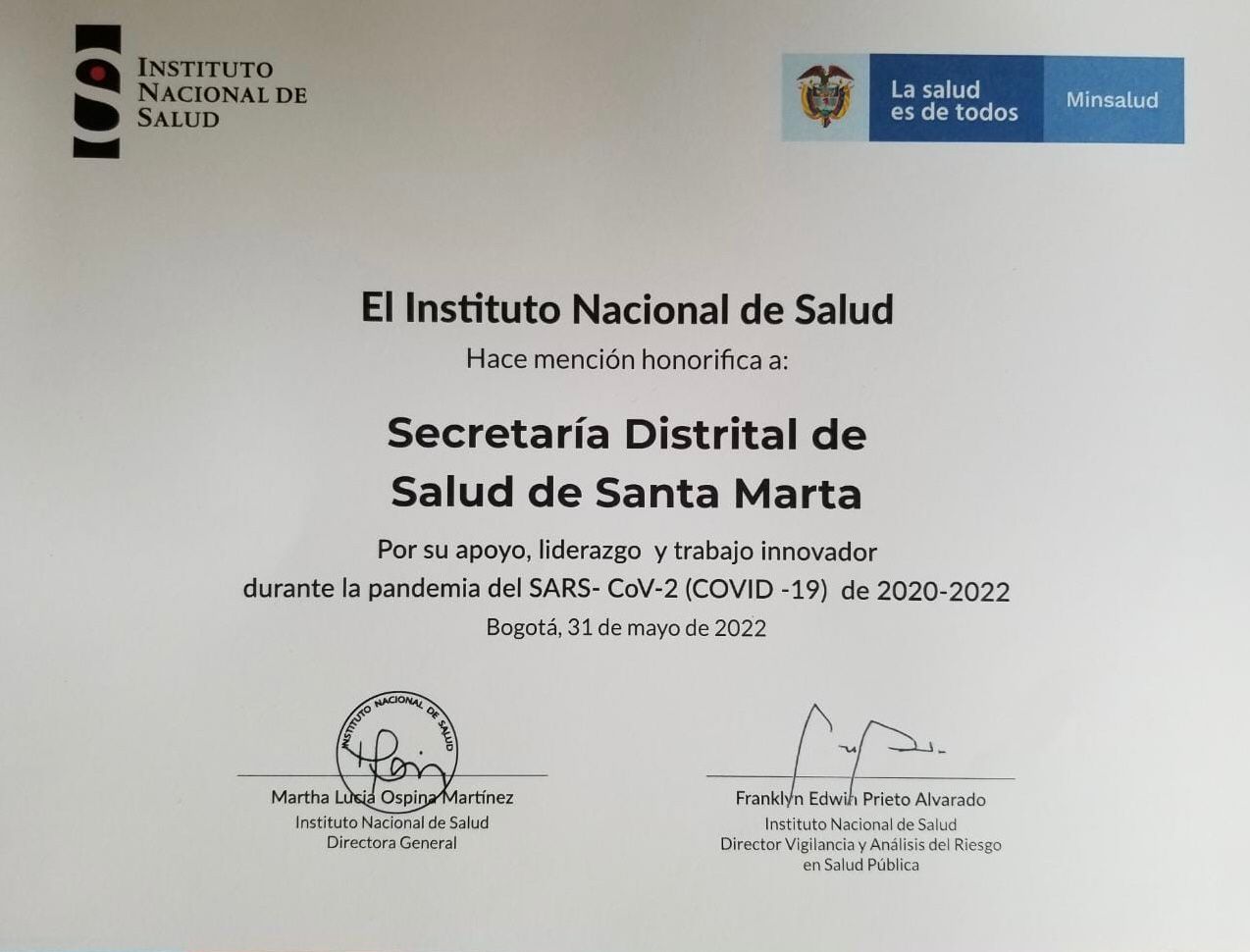 Alcaldía Recibió Mención Honorífica Del Instituto Nacional De Salud Por 9287